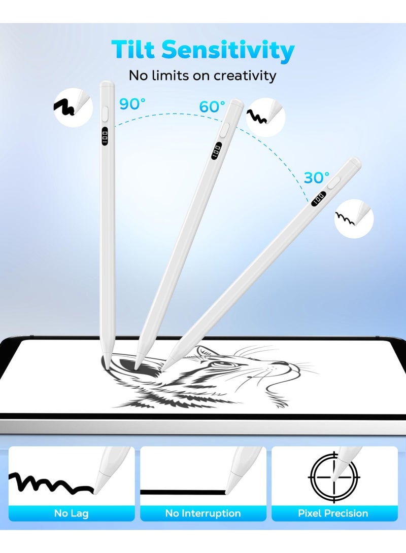 قلم لمس للآيباد 2018–2025، قلم رقمي بشحن سريع USB-C مع شاشة LED لعرض مستوى الطاقة، يدعم حساسية الميل، متوافق مع Apple iPad A10 وiPad الجيل 6/7/8/9، iPad Air 3/4 وM2/M3، iPad Pro مقاس 11 و12.9 و13 بوصة (M4)، وiPad mini 5/6، لون أبيض - Image 3